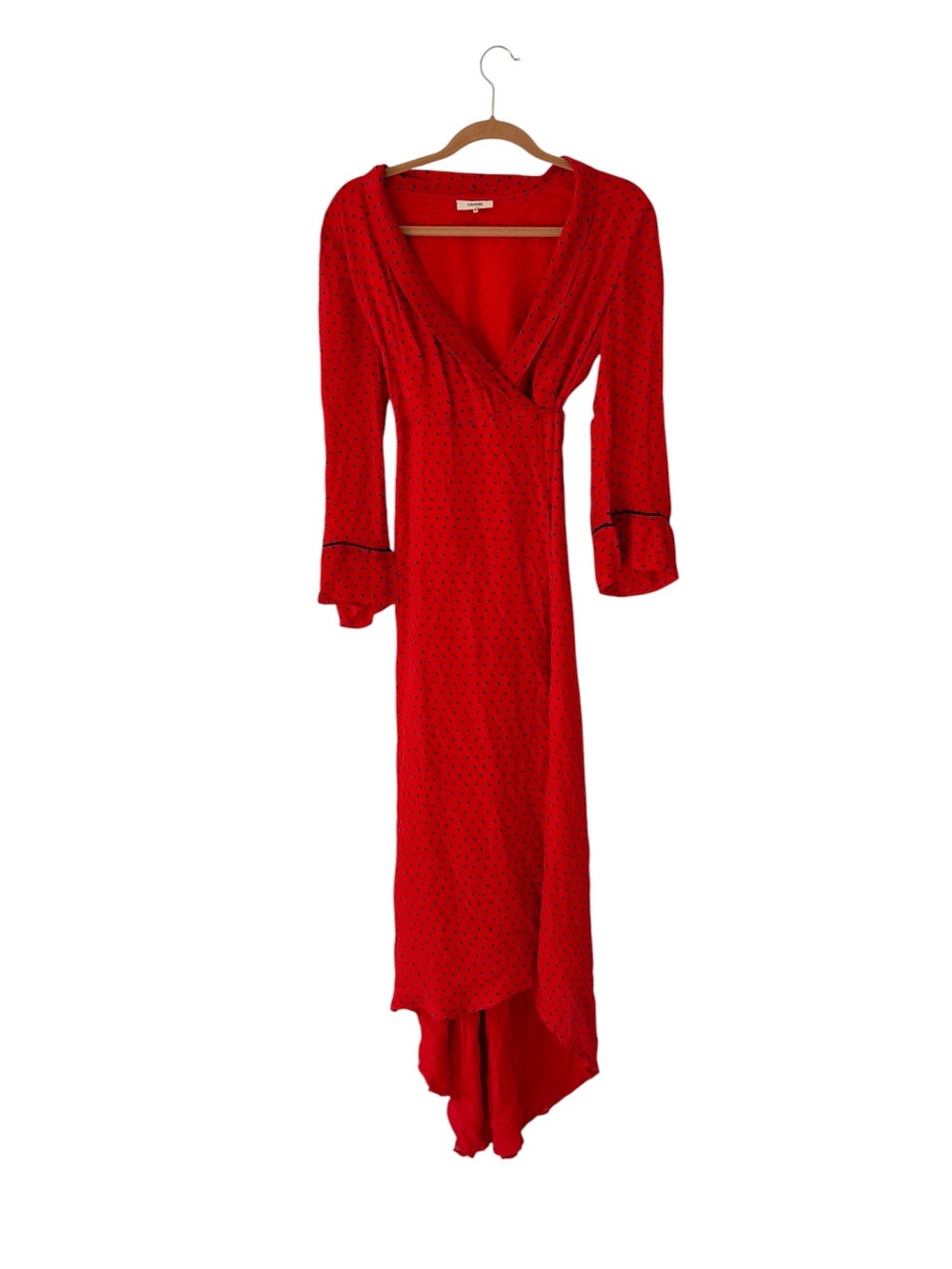 Ganni Mullin Georgette Red Polka Dot Wrap Dress High Low Asymmetric EU 38/M